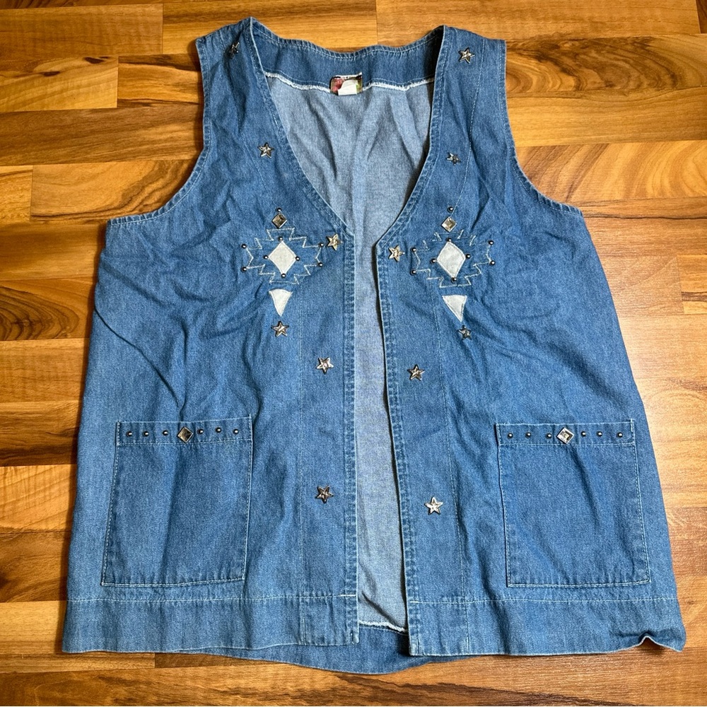 Vintage Cactus California Western Denim Vest Women's Rhinestone Country Large